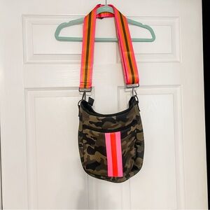 HAUTE SHORE Camouflage Crossbody Bag with Pink and Orange Stripes